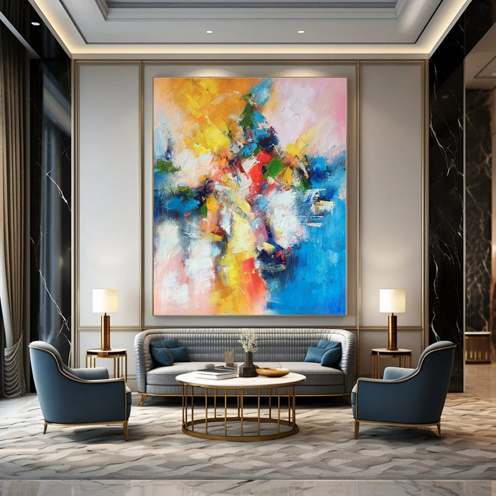 Yellow, Orange, Red, Green, Blue, Pink with Explosive Strokes "Festival Blaze" Abstract Painting On Canvas PS1393