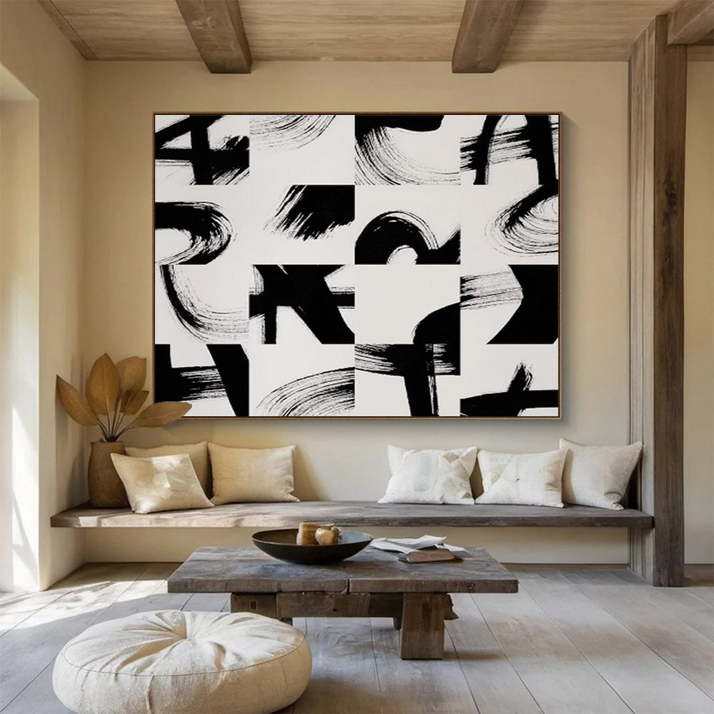 “Geometric Black - White Brushstrokes” - Modern Abstract Painting On Canvas DKS447