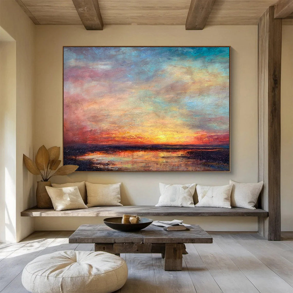 “Vibrant Sunset Reflection” - Blue, Pink & Orange Seascape, Expressive Oil Painting On Canvas DKS776