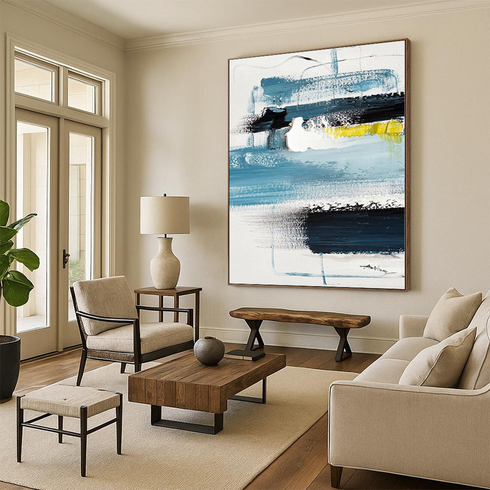 “Blue - Yellow Abstract Geometry” - Blue, Yellow, Black Abstract Painting On Canvas PS0483