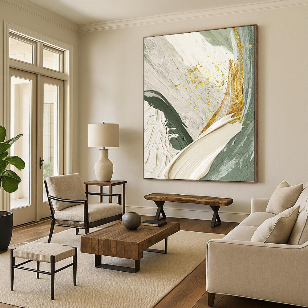 “Green and Gold Abstract” - Luxurious, Abstract Painting On Canvas PT1495