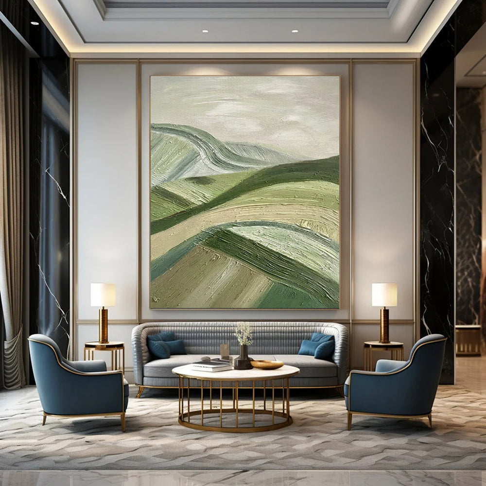 Green, Beige with Textured Hills "Rolling Serenity" Abstract Painting On Canvas PS1455