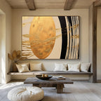 “Gold Oval & Black - White Lines” - Abstract Symbolist - Painting On Canvas PT1712