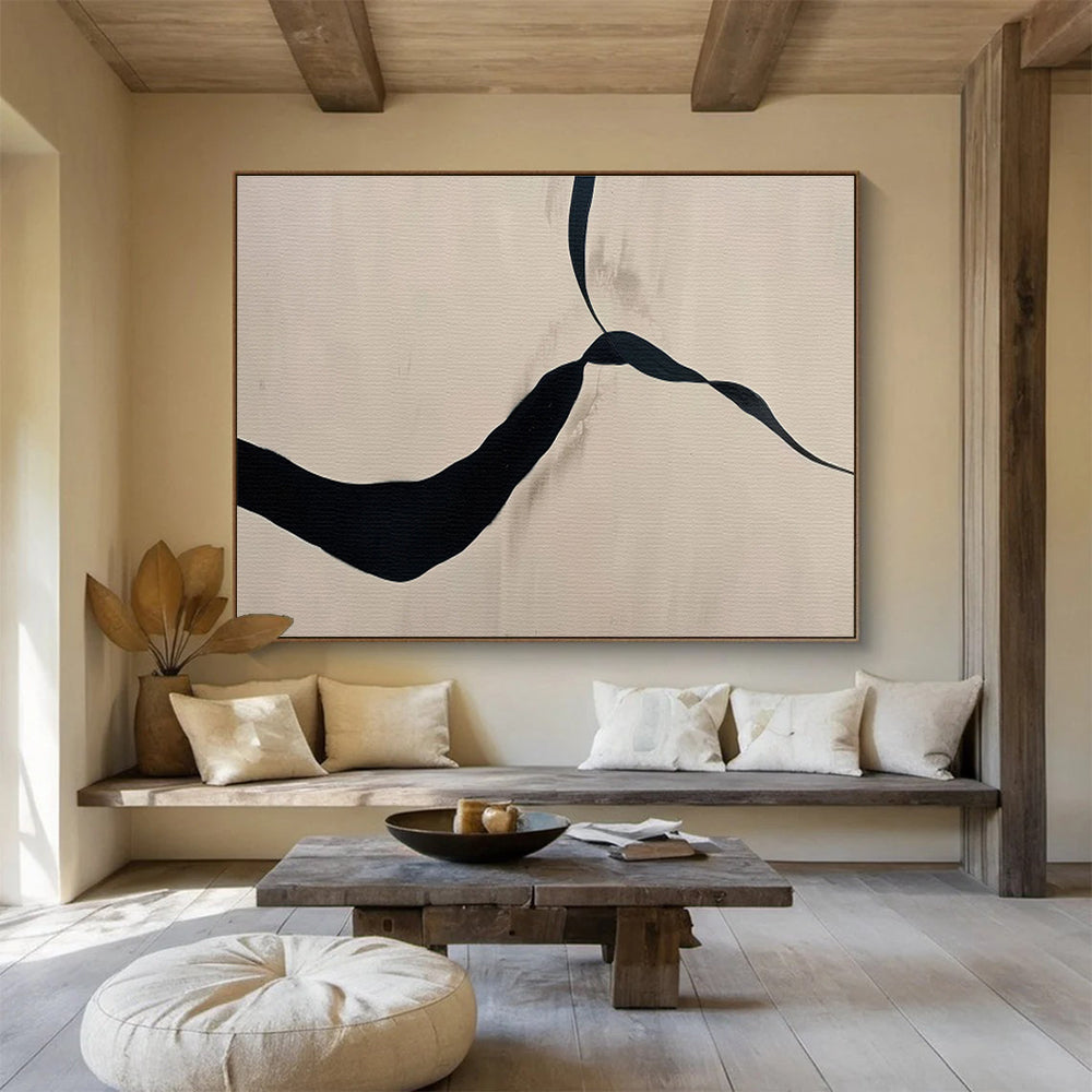 “Black Ribbon Abstract on Beige” - Abstract Painting on Canvas, For Living Room & Studio DKS589