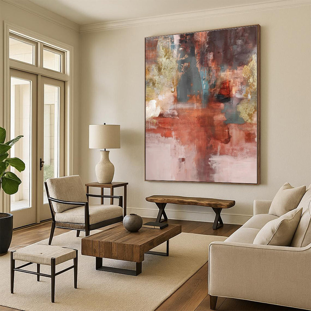 “Red - Gold - Teal Abstract Fusion” - Red, Gold, Teal Abstract Textured Painting On Canvas PS0583