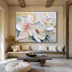“Elegant White & Gold Florals” - Soft Pink, White & Gold 3D Flower, Textured Floral Painting On Canvas DKS712