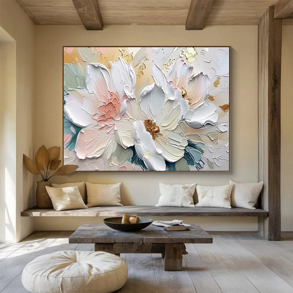 “Elegant White & Gold Florals” - Soft Pink, White & Gold 3D Flower, Textured Floral Painting On Canvas DKS712