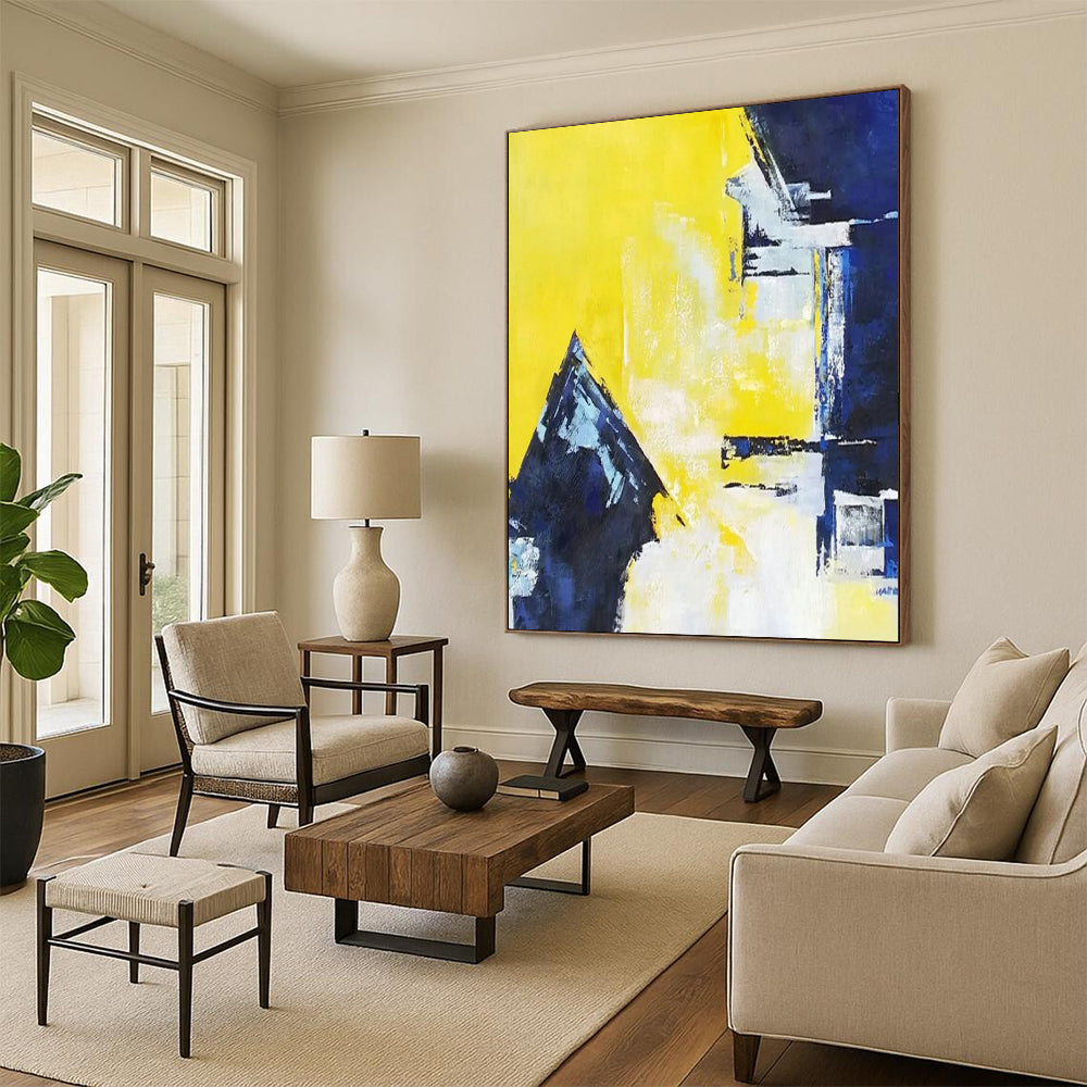 “Yellow - Blue Geometric” - Modernist Abstract Painting On Canvas PT2304