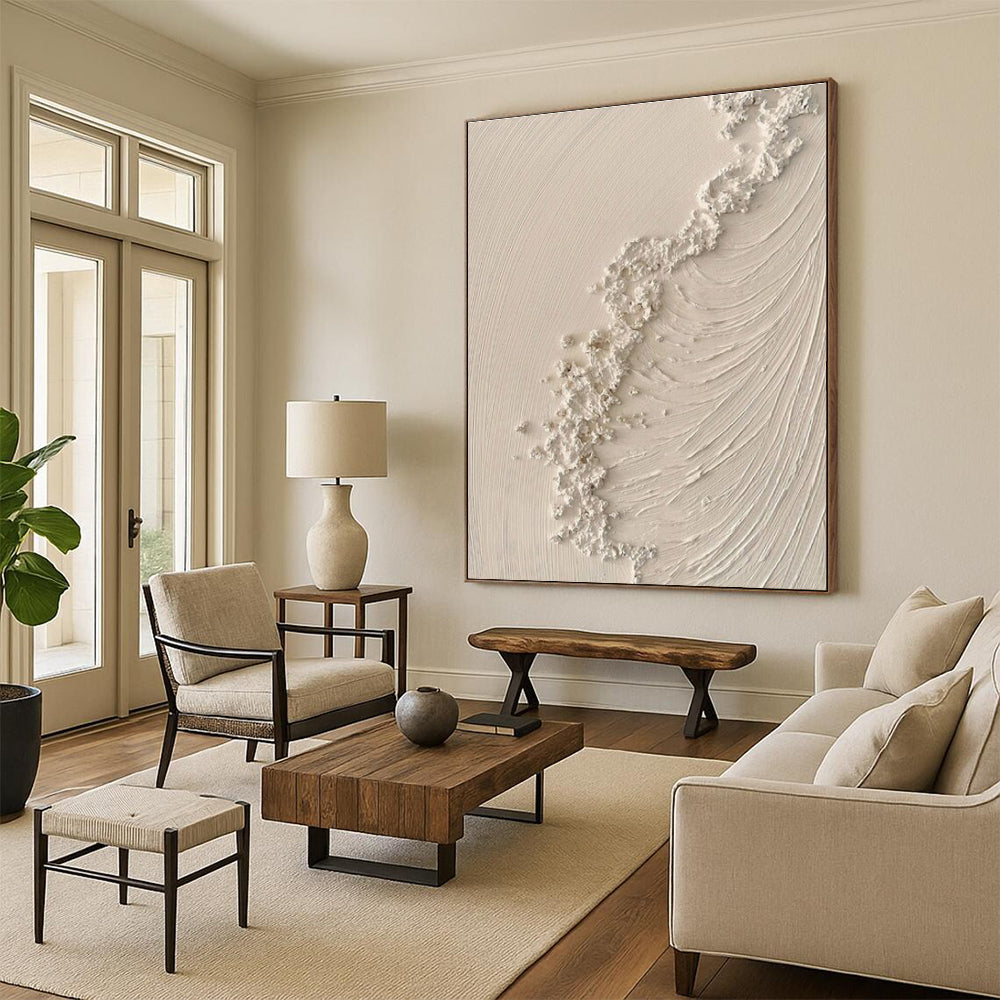 “Textured White Wave” - White Abstract Minimalist Painting On Canvas PS0681