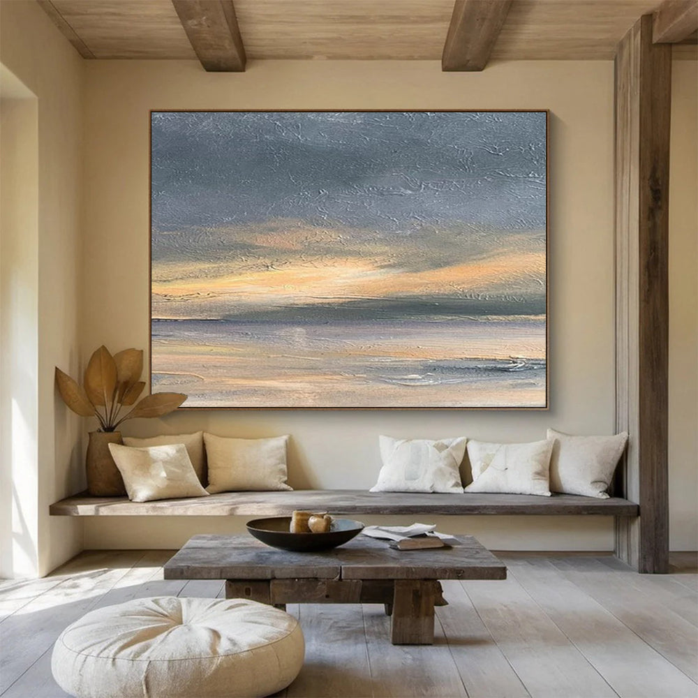 “Subtle Abstract Sunset in Gray, Orange & Neutrals” - Minimalist Seascape Painting On Canvas PT016