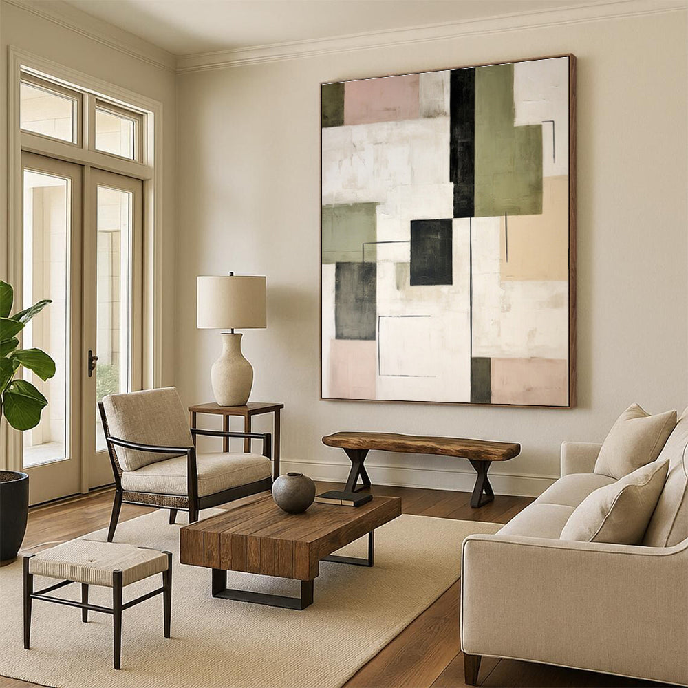 “Geometric Contrasts” - Green, Black, Pink Abstract Geometric Painting On Canvas PS0397