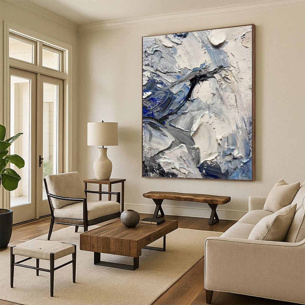 “Blue - Grey Textured Abstract” - Palette - Knife Abstract Painting On Canvas PT1257