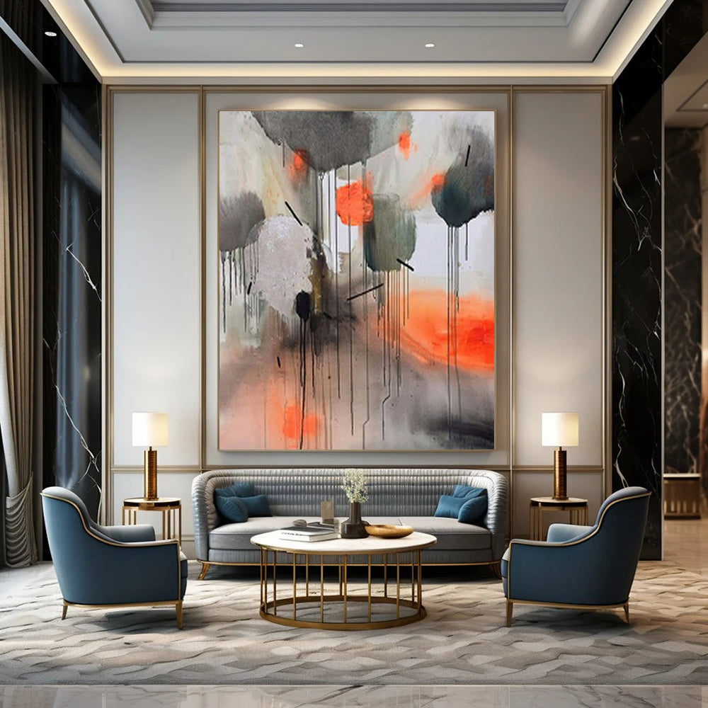 Gray, Orange, and Black Dripping, "Urban Rhythm" – Abstract Expressionist Painting On Canvas PS1005
