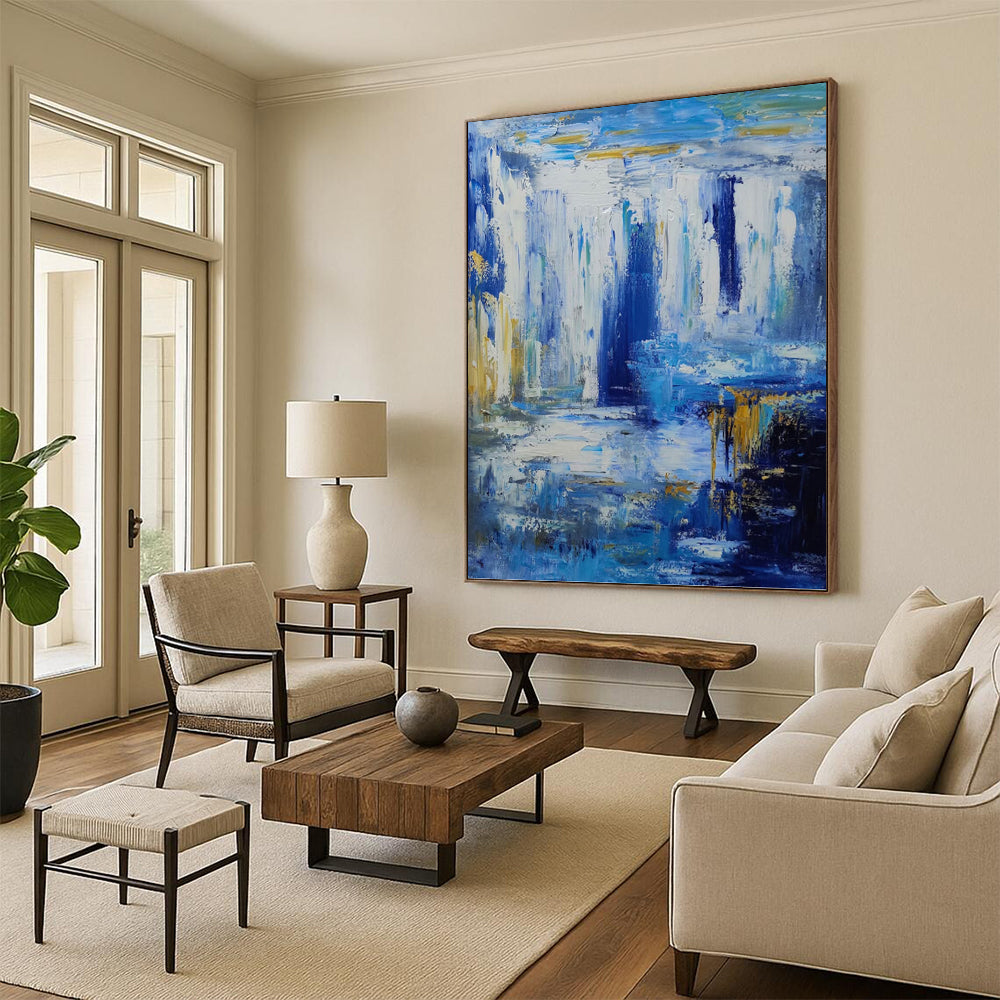 “Blue - Gold Abstract Waterfall” - Impressionist - Inspired Painting On Canvas PT1332