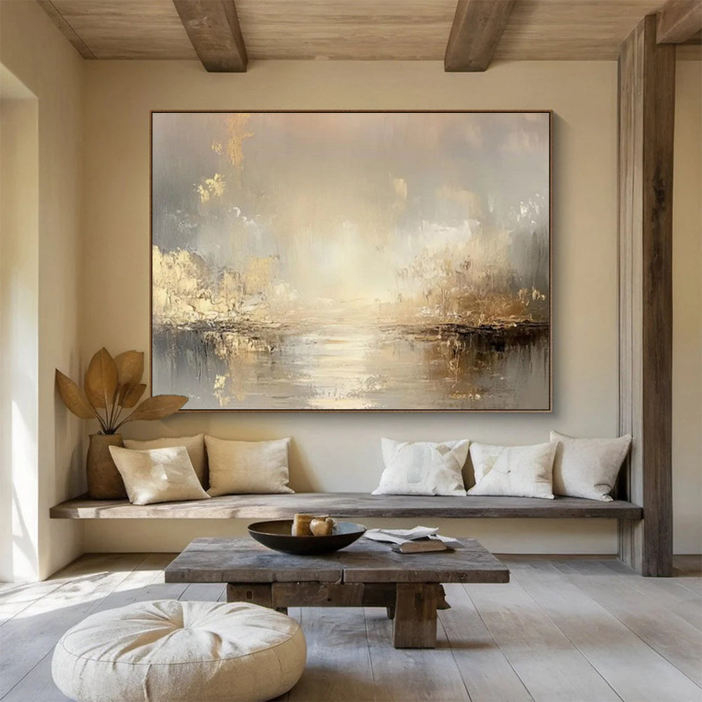 Golden River Mist - Ethereal Landscape Painting On Canvas DKS323