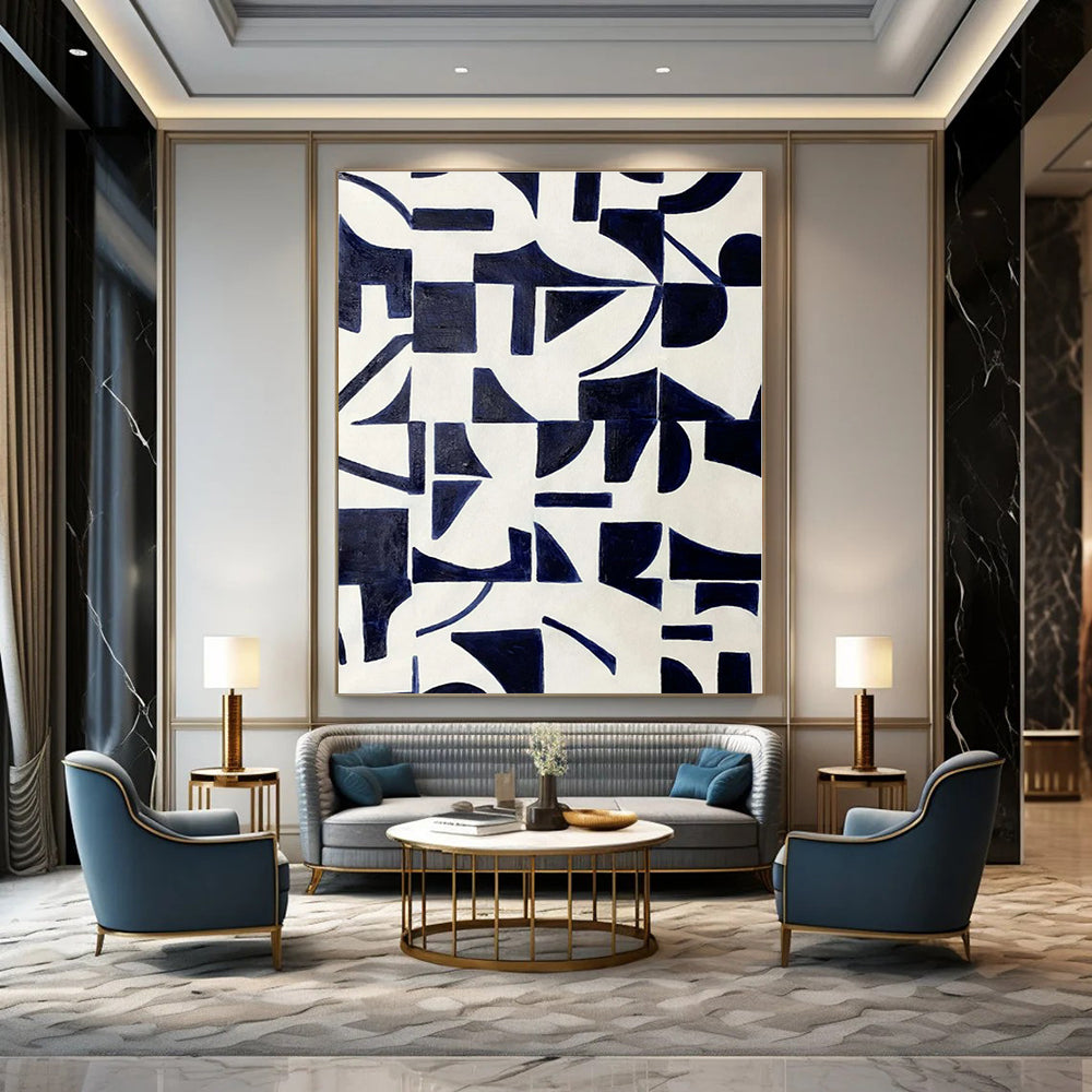 Navy, White with Geometric Shapes "Geometric Pulse" Abstract Painting On Canvas PS1327