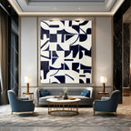 Navy, White with Geometric Shapes "Geometric Pulse" Abstract Painting On Canvas PS1327