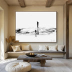 “Black and White Silhouette Beach Scene” - Monochromatic Figurative Painting On Canvas PT114