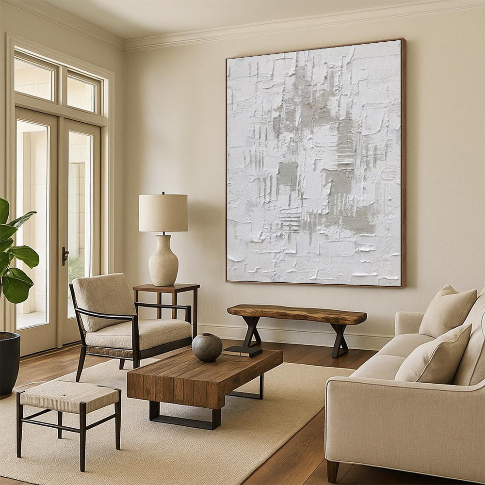 “White Textured Minimalism” - Monochromatic, Textured Abstract Painting On Canvas PT1063
