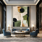 Green, Beige, Black with Geometric Forms "Geometric Growth" Abstract Painting On Canvas PS1276