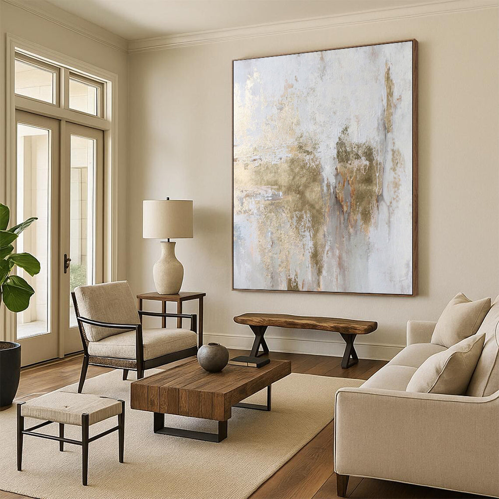 “Soft Gold - Splashed Abstract on Light Background” - Contemporary Abstract Painting On Canvas PS0256
