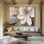 “White Flower & Gold Accents” - Impasto Floral - Painting On Canvas PT1703