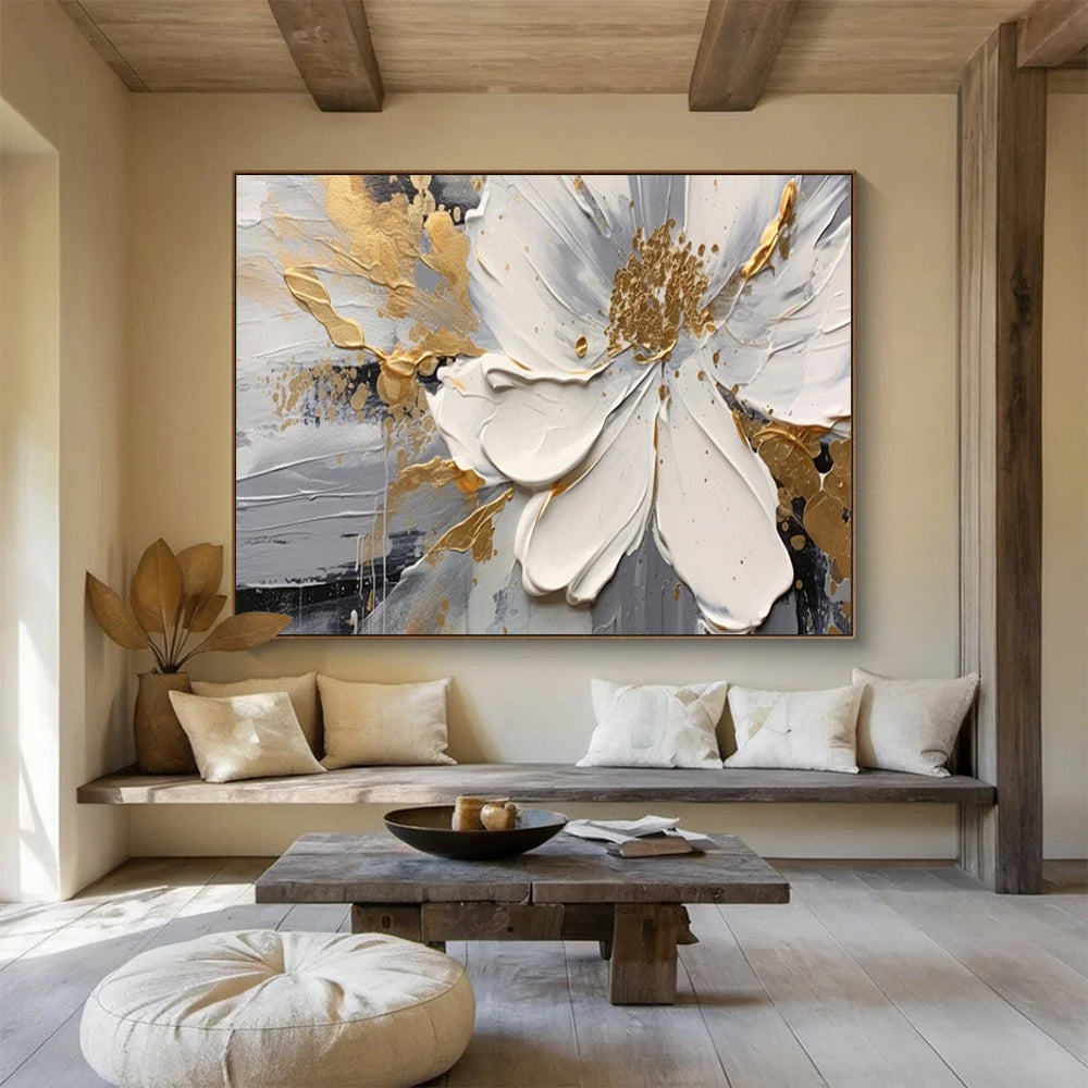 “White Flower & Gold Accents” - Impasto Floral - Painting On Canvas PT1703