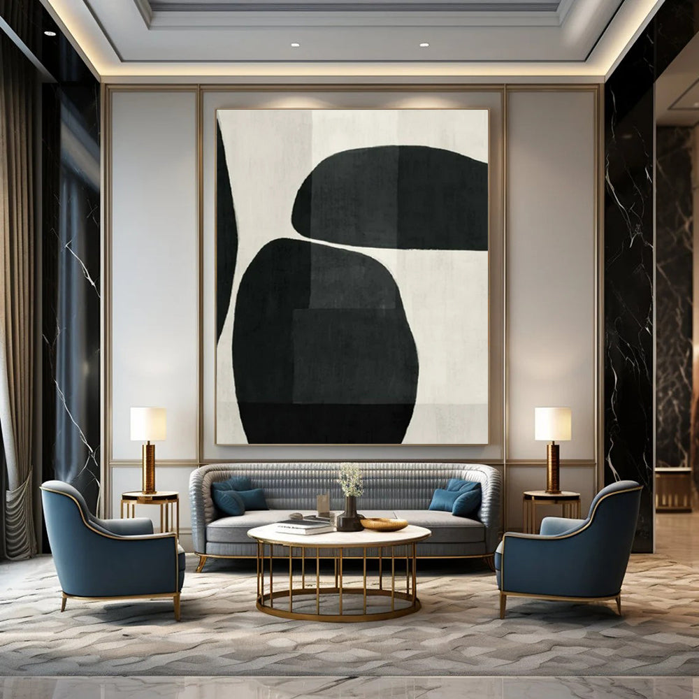 Black, White with Curved Shapes "Organic Flow" Abstract Painting On Canvas PS1448