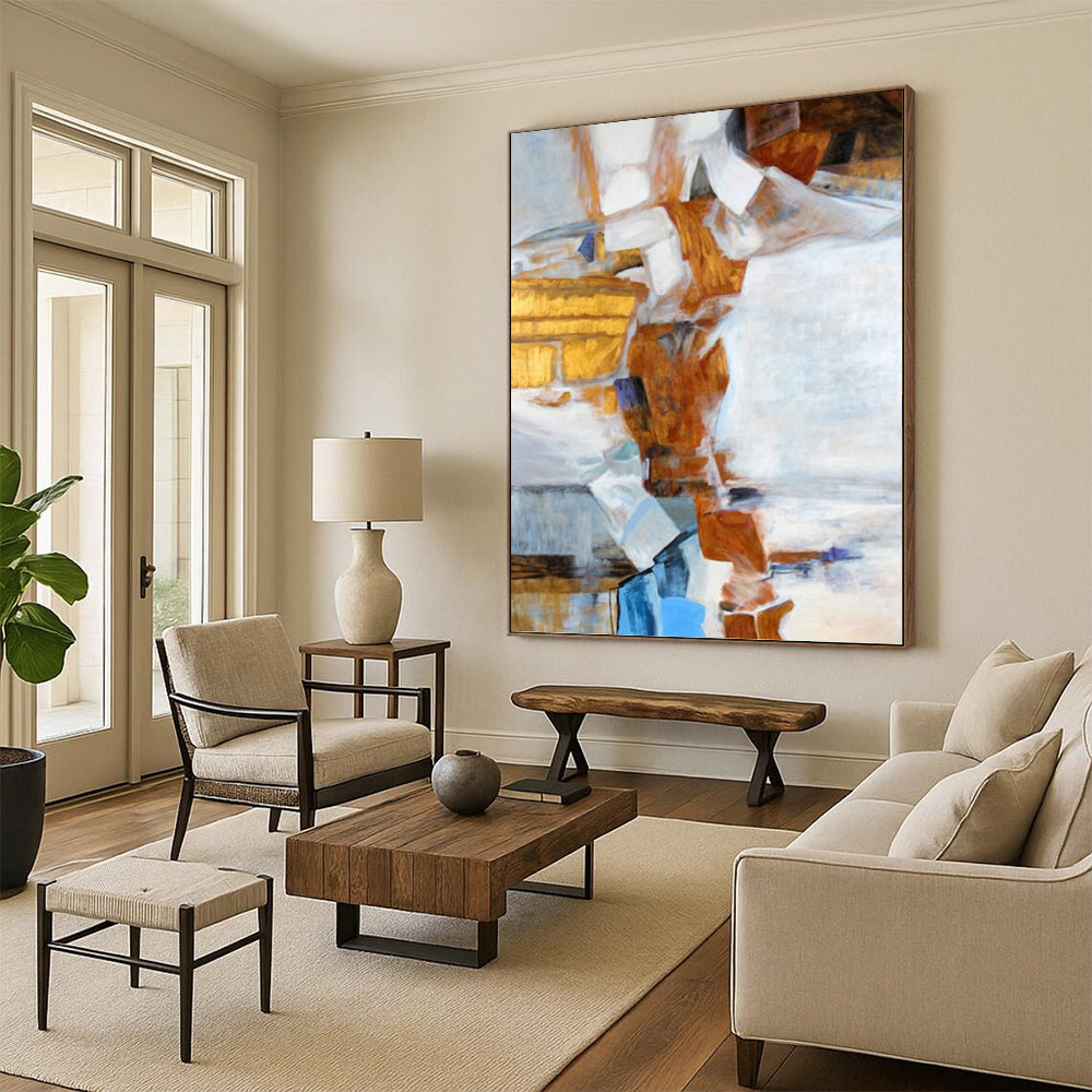 “Geometric Fusion: Brown, White, and Blue Abstract” - Cubist - Inspired Painting On Canvas PT0937