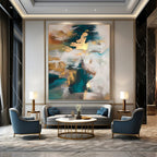 Teal, Gold, and White Abstract, "Dreamy Fusion" – Abstract Expressionist Painting On Canvas PS1002