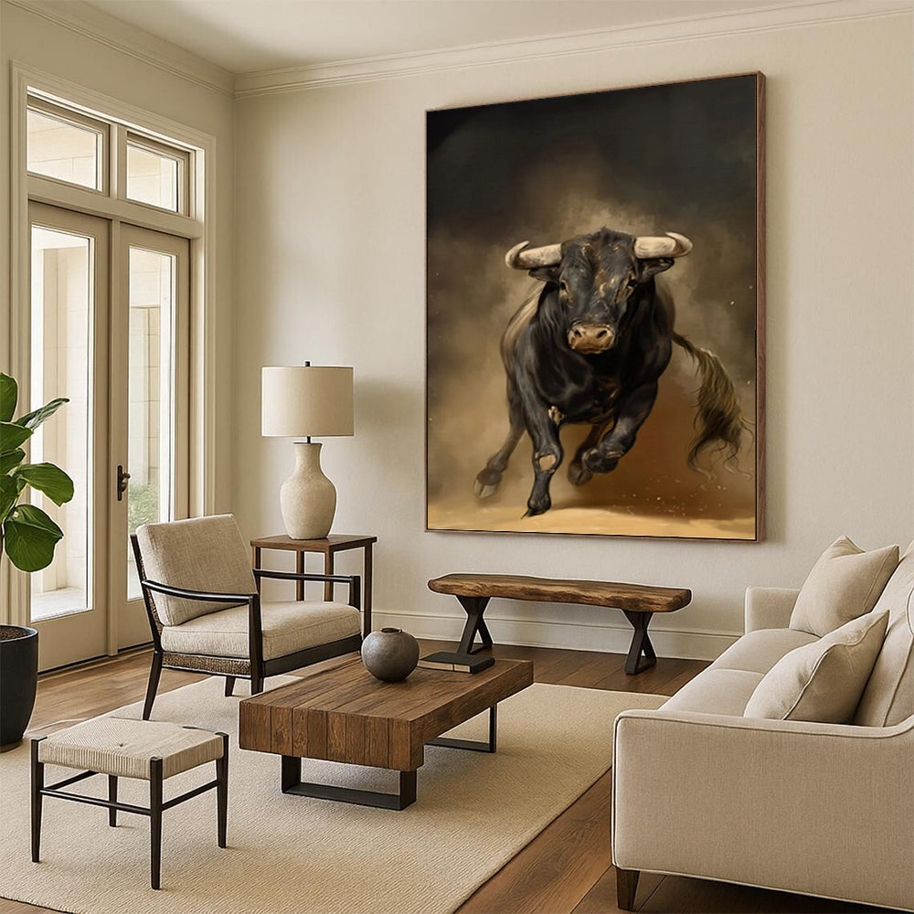 “Powerful Black Bull in Motion” - Realist - Inspired Animal Painting On Canvas PT1409