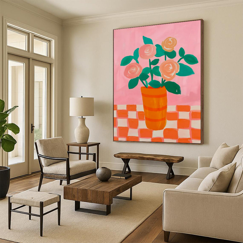 “Pink and Orange Floral Still - Life” - Pop Art - Inspired Painting On Canvas PT2258