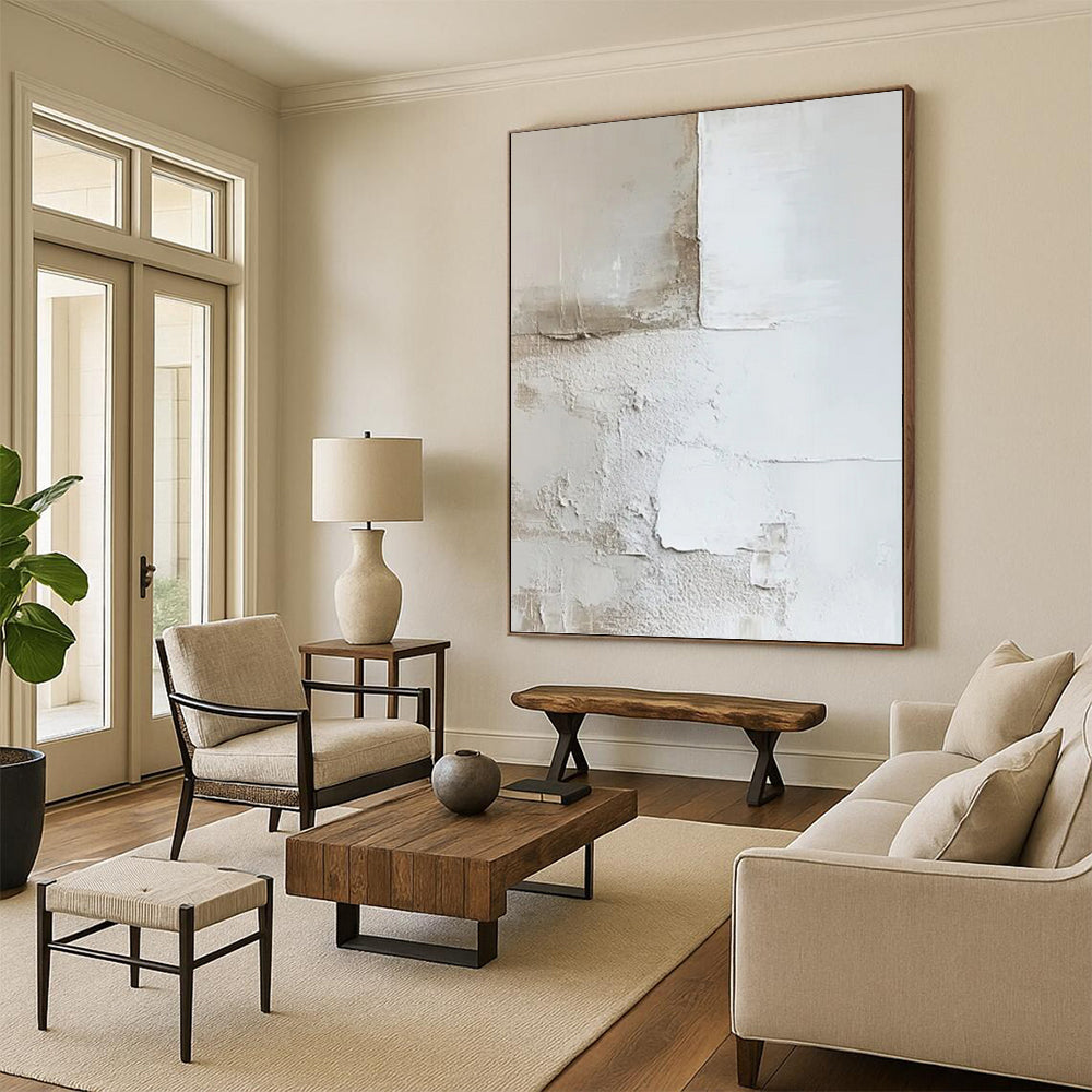 “White and Beige Textured Wall - like Abstract” - Wabi - Sab Style Painting On Canvas PT0977