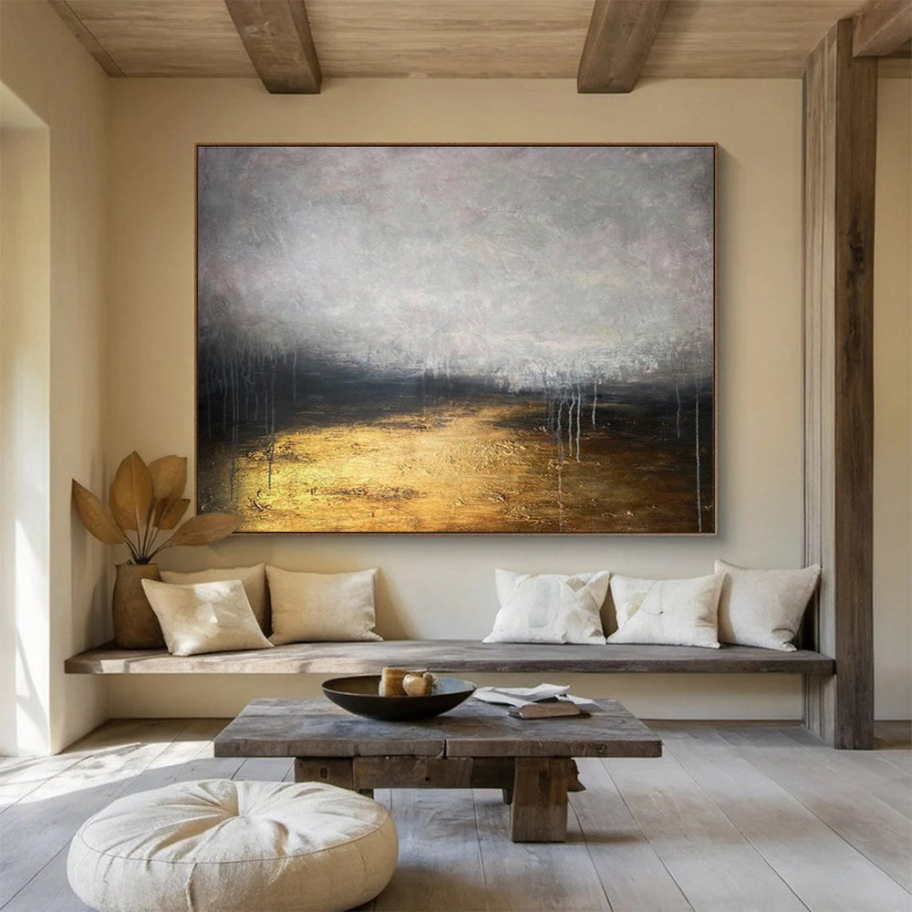 “Gilded Gray Abyss” - Gray, Gold & Black Abstract, Mixed - Media Painting On Canvas DKS782