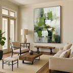 “Green and White Abstract Floral” - Modernist Still - Life Painting On Canvas PT2264