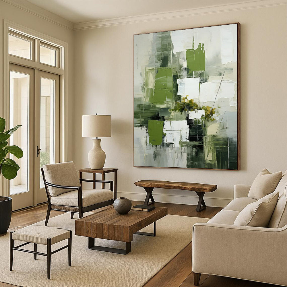 “Green and White Abstract Floral” - Modernist Still - Life Painting On Canvas PT2264