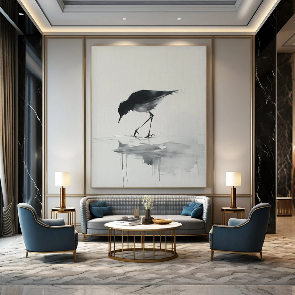 Black - White Bird Reflection, "Ink Bird" – Minimalist Ink - Style Painting On Canvas PS0933