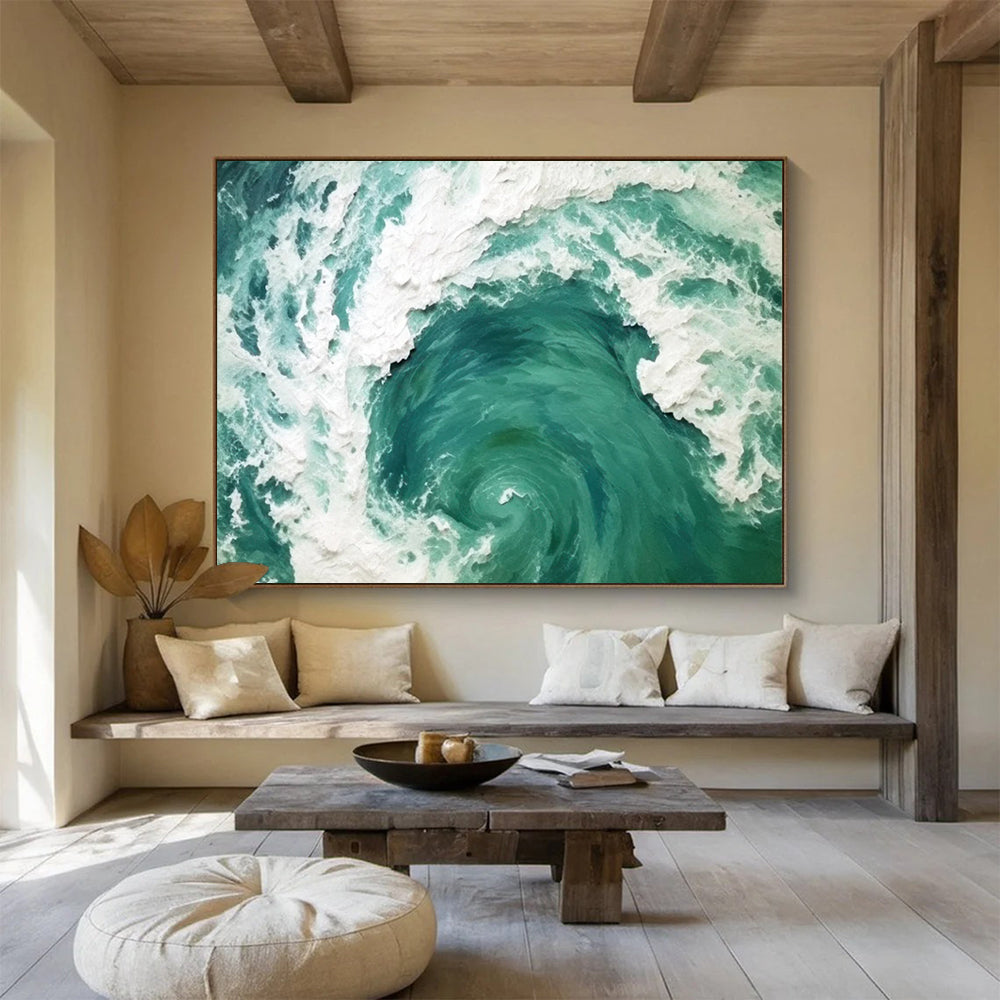 “Turquoise and White Ocean Swirl” - Impasto Marine Painting On Canvas PT064