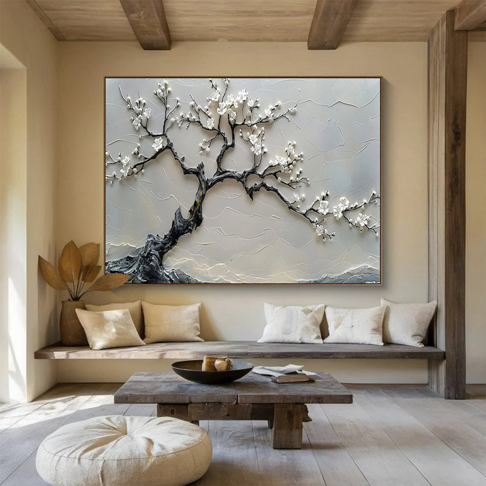 “White Blossom Tree” - Gray, White & Black Textured Tree, 3D Floral Relief Painting On Canvas DKS695