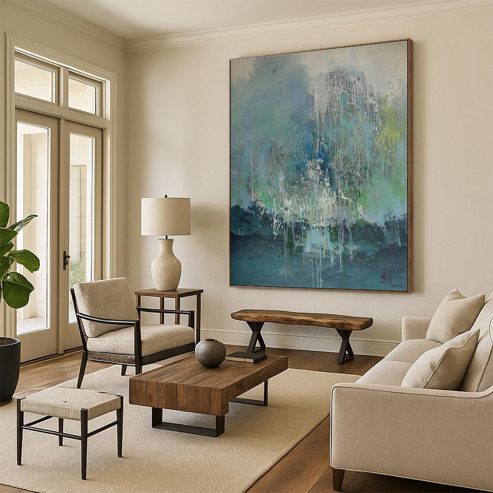 “Waterfall Of Colors” - Blue, Green, White Abstract Drip Painting On Canvas PS0638