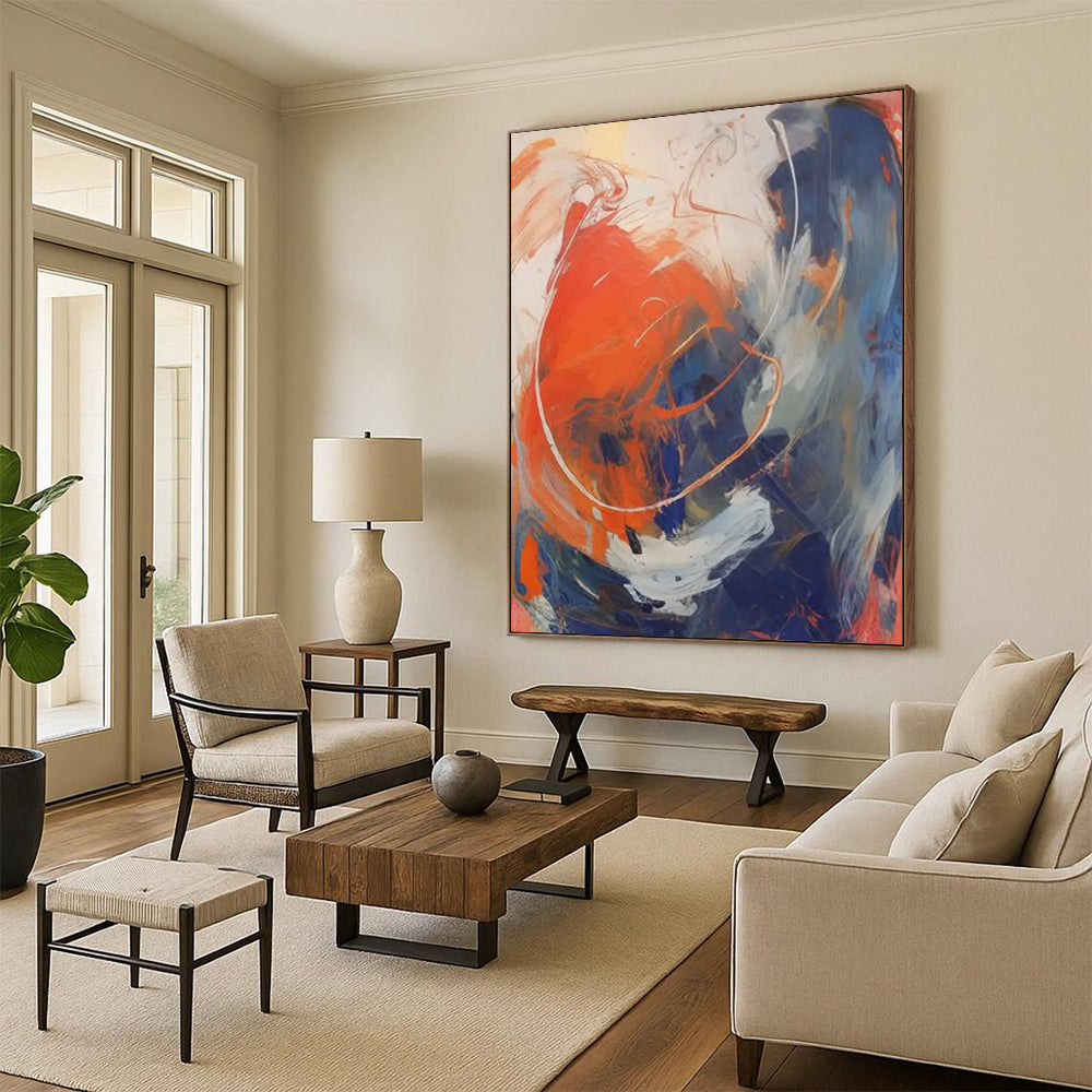 “Vibrant Swirls” - Bold Orange, Blue & White Dynamic Strokes Painting On Canvas DS133
