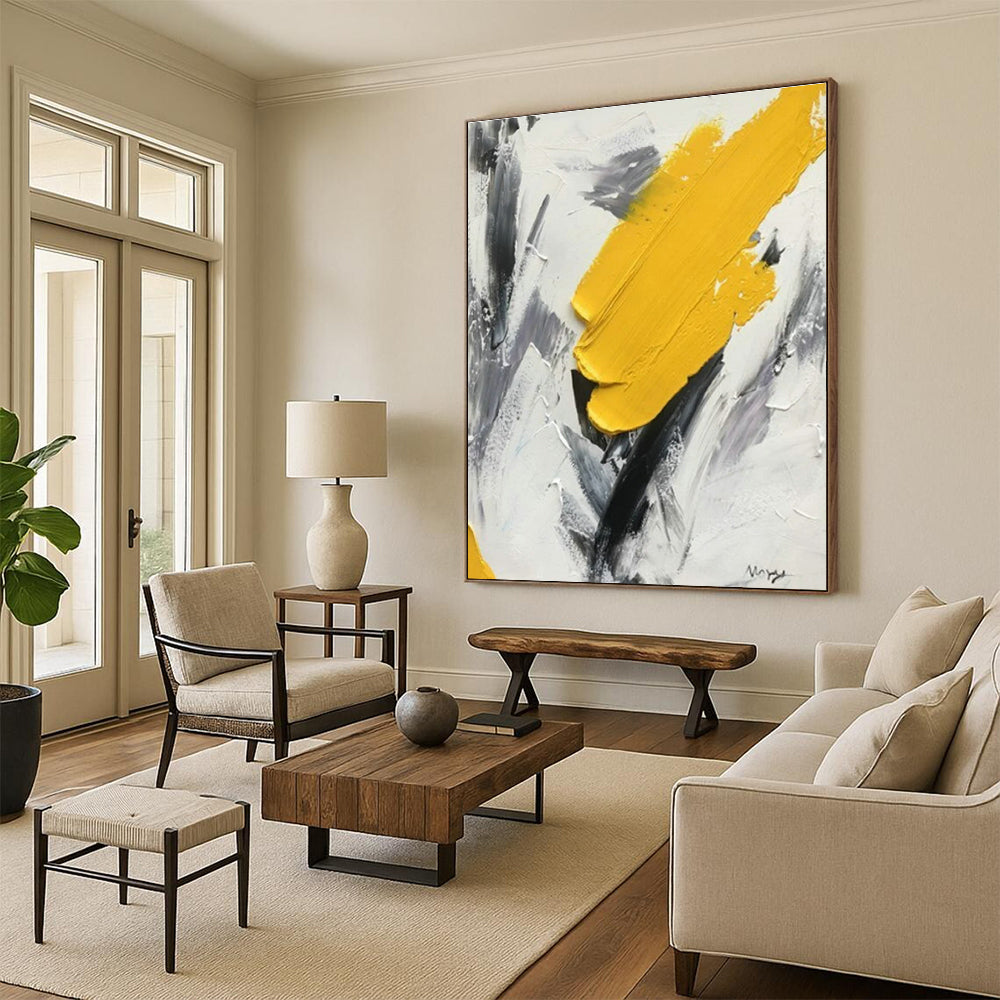 “Bold Yellow Stroke” - Yellow, Gray, White Abstract Impasto Painting On Canvas PS0616