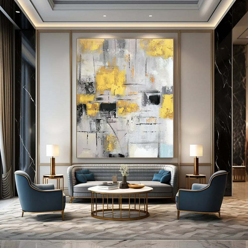 Gray, Yellow, Black with Abstract Blocks "Urban Gleam" Abstract Painting On Canvas PS1314
