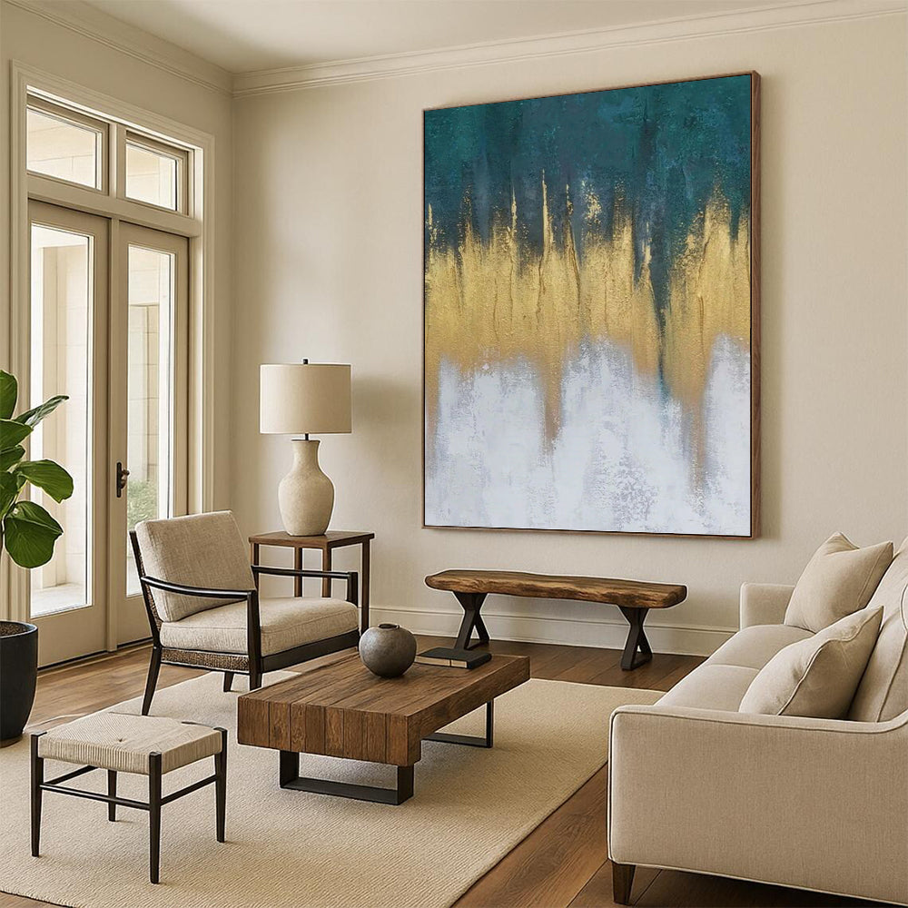 “Teal - Gold - White Drip” - Textured Abstract Painting On Canvas PT1235