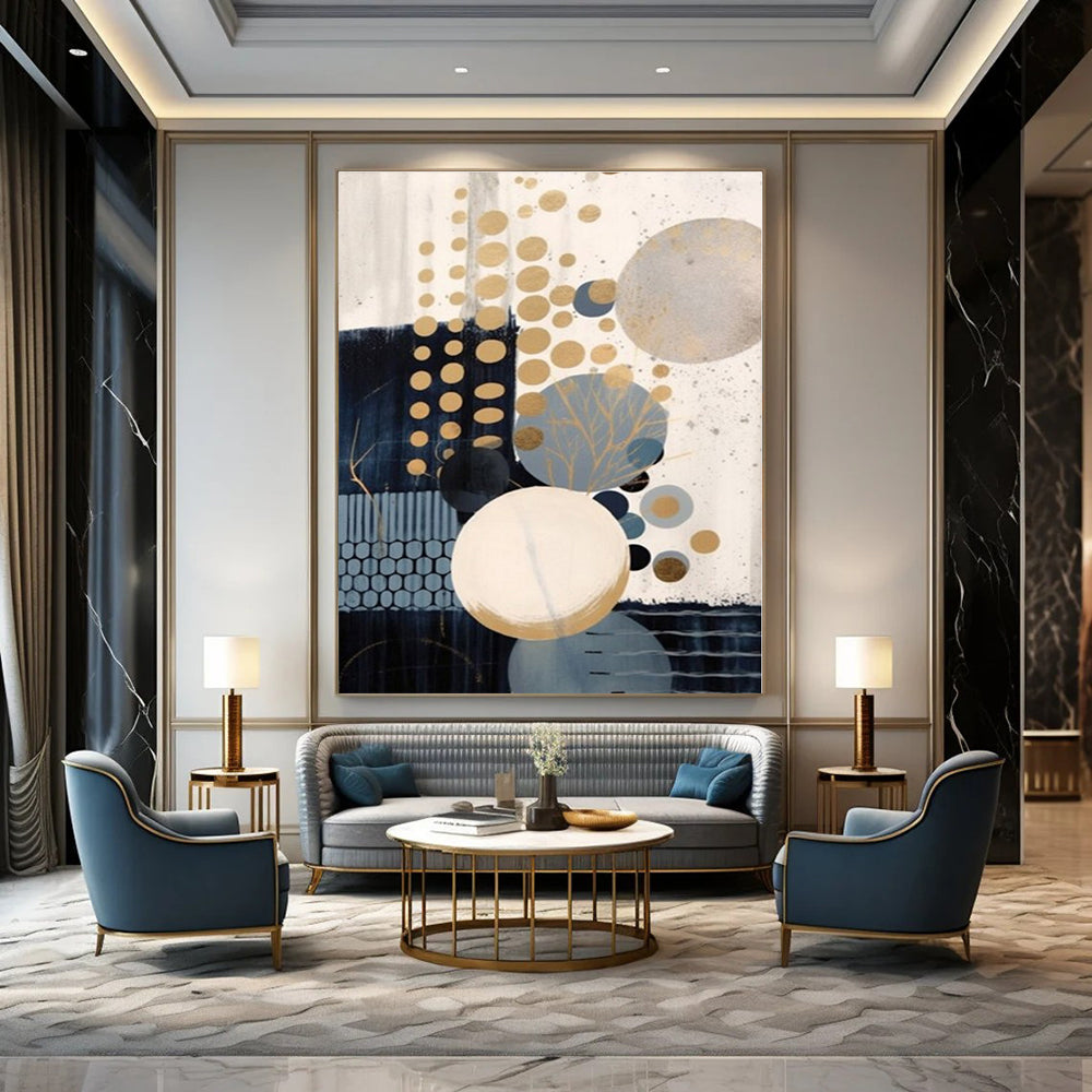 Gold, Blue, Beige with Circles "Gilded Bubbles" Abstract Painting On Canvas PS1263