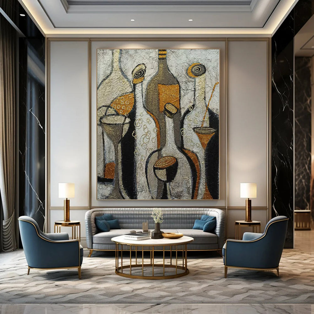 Beige, Gold, Black with Stylized Bottles "Vintage Soiree" Abstract Still - Life Painting On Canvas PS1193