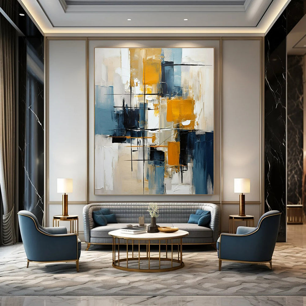 Blue, Yellow, Black, White with Dynamic Strokes "Urban Energy" Abstract Painting On Canvas PS1435