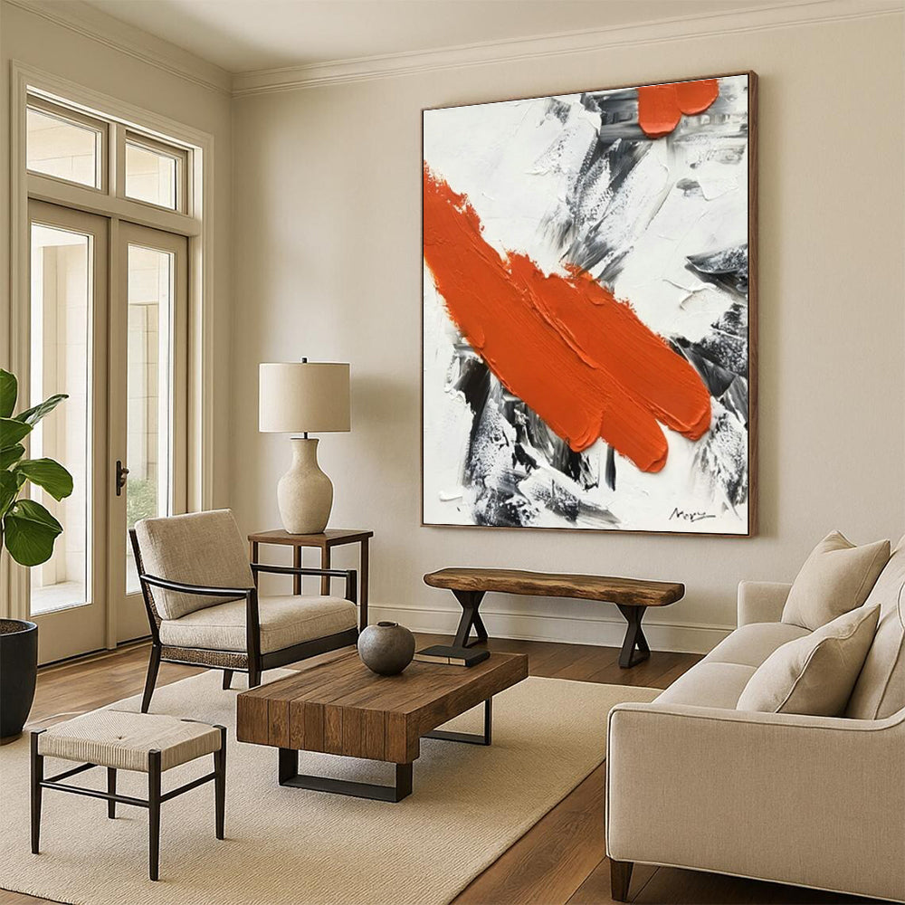 “Fiery Orange Dash” - Orange, Gray, White Abstract Textured Painting On Canvas PS0617