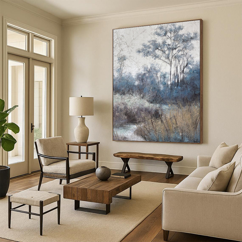 “Misty Forest Blues” - Cool Tones, Woodland Scene Painting On Canvas PT1458