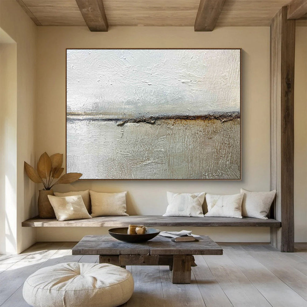 “Textured Neutral Divide” - Gray, Brown & White Abstract, Mixed - Media Painting On Canvas DKS754